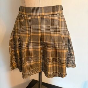 Garage Brown and Yellow Plaid Pleated Skater Skirt